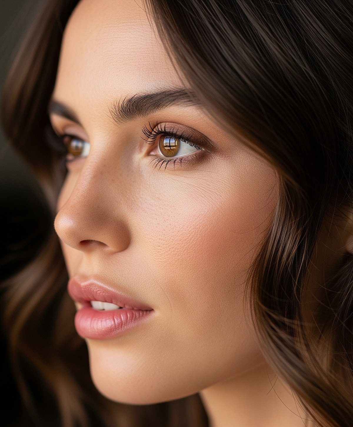 Close-up of a woman's face with brown eyes.