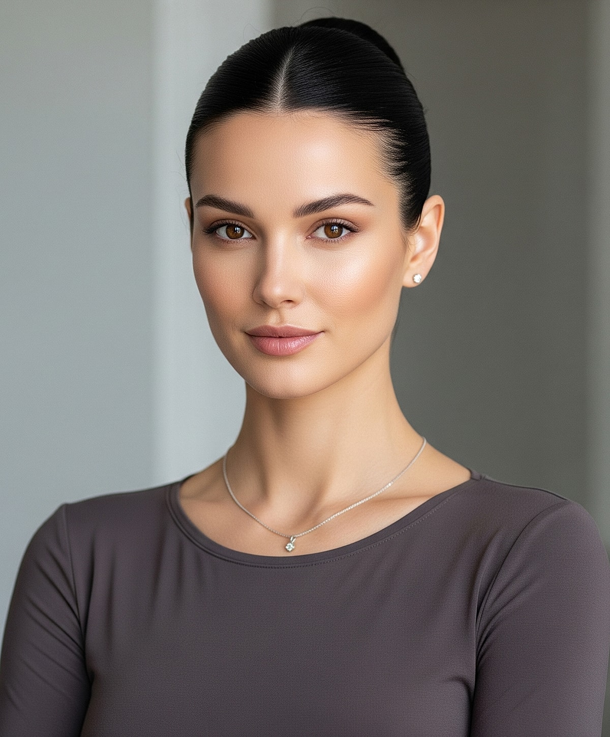 Woman with sleek hair and elegant necklace.