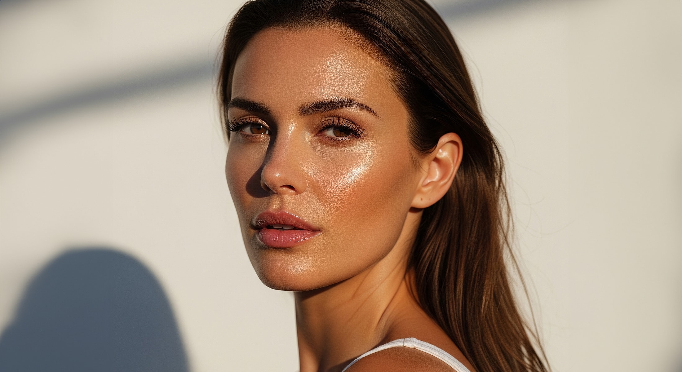 Close-up portrait of a woman with glowing skin.